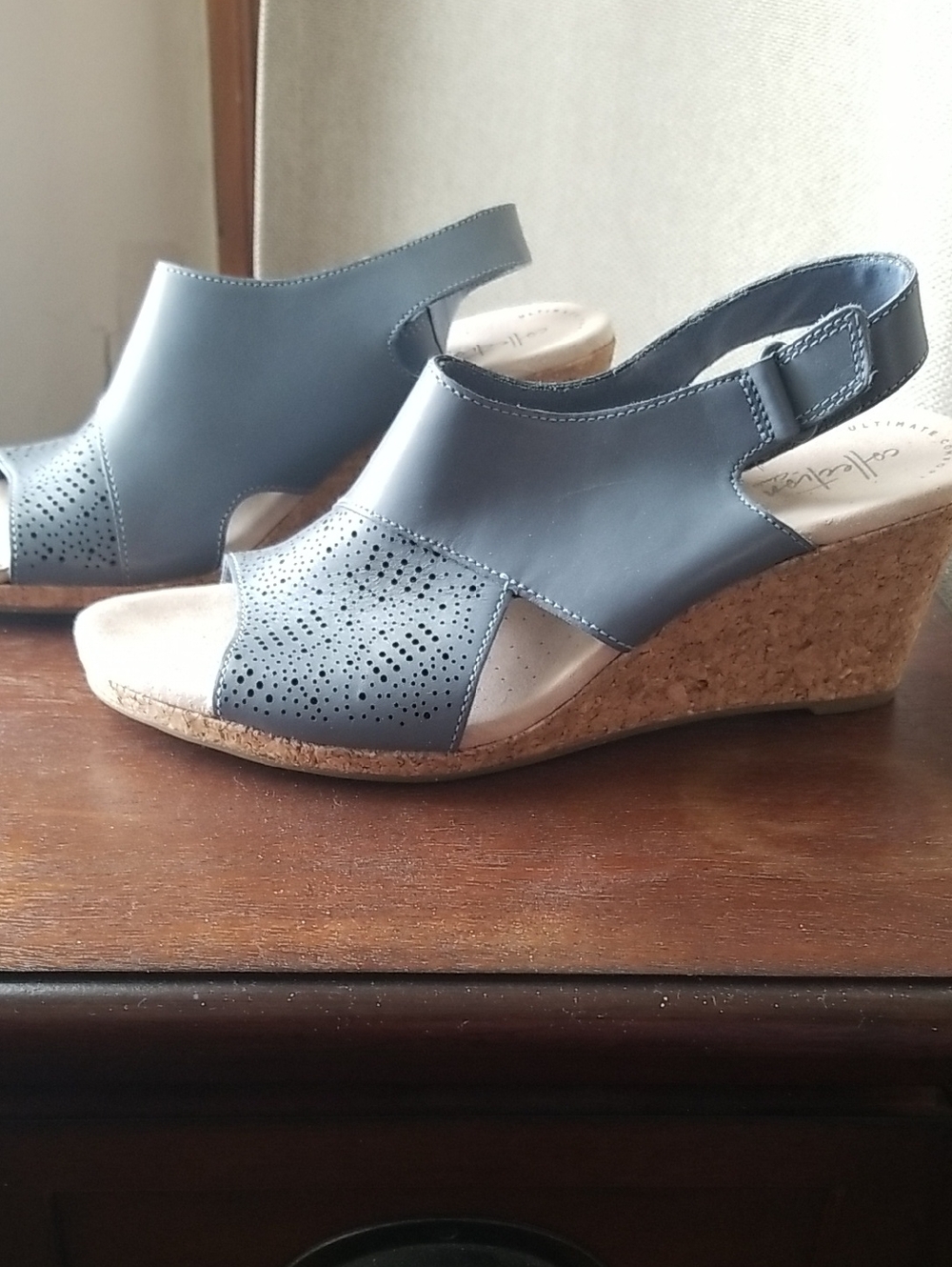 Women’s Dusty Blue Leather Cork Wedge Sandals - Comfortable Open-Toe Slingback